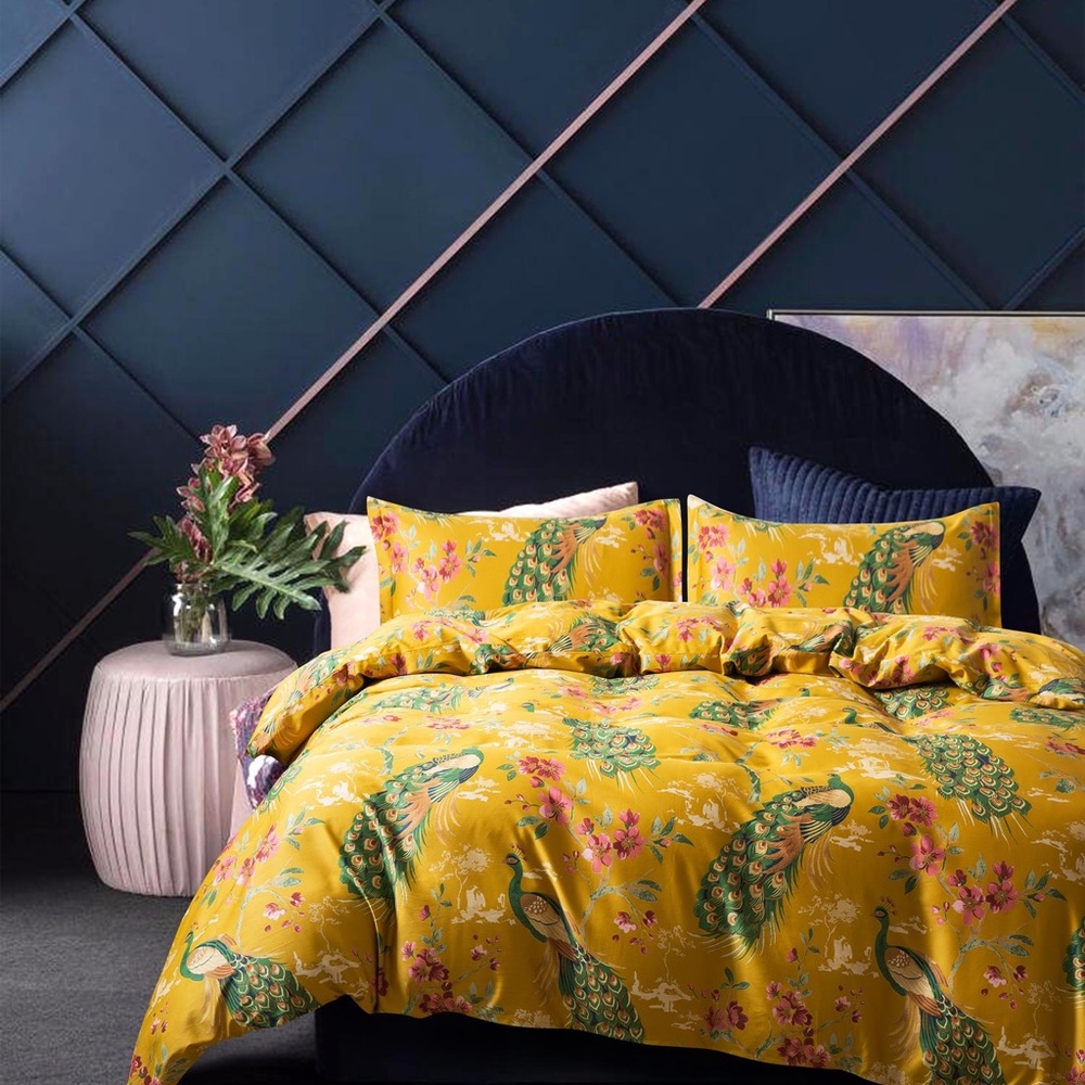 🦚💛QUEEN CHINOISERIE CITRINE PEACOCK SAKURA BLOSSOM DUVET & PILLOW CASES💛🦚